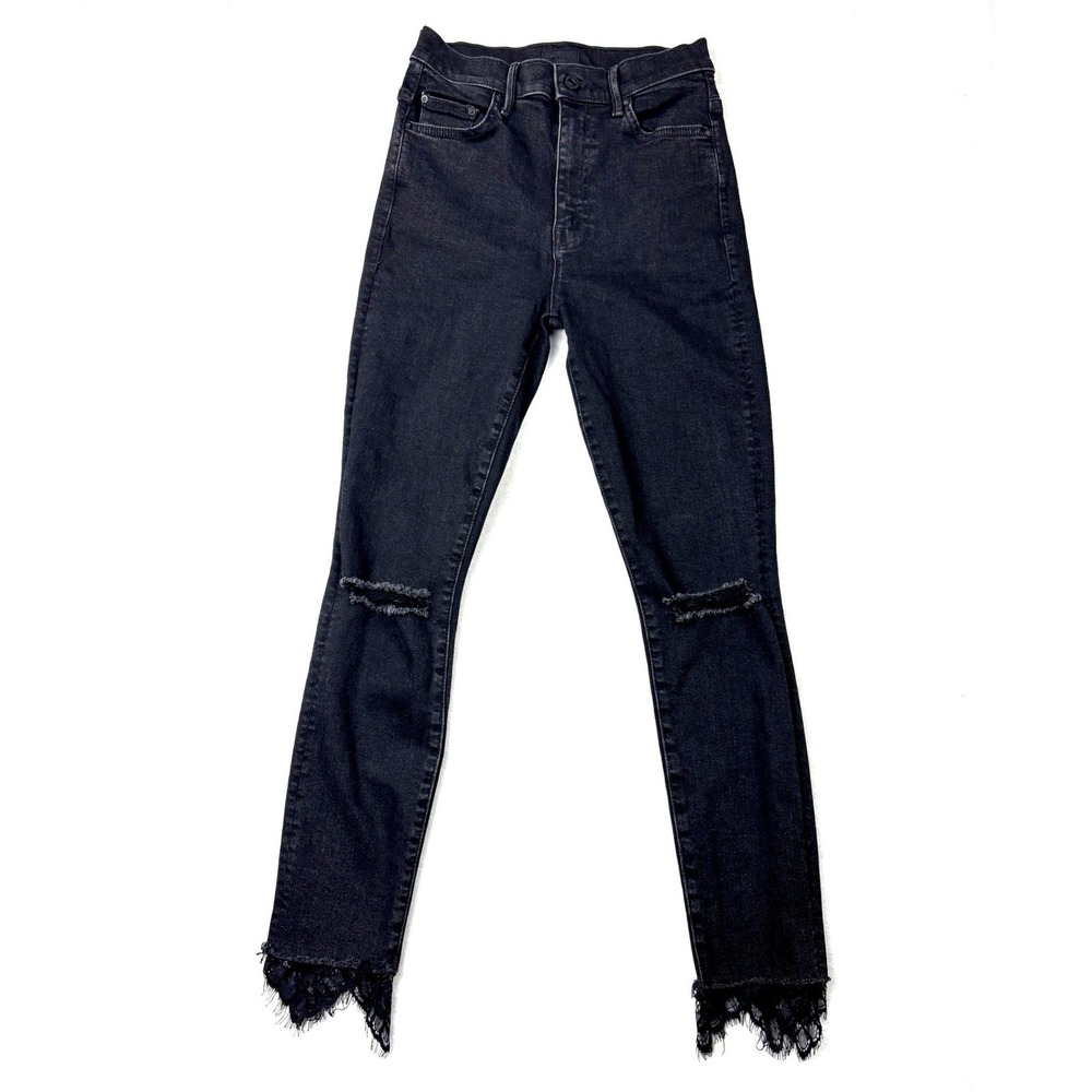 MOTHER The Swooner Jeans Womens 25 Black Distressed Lace Cuff Dagger Ankle Fray